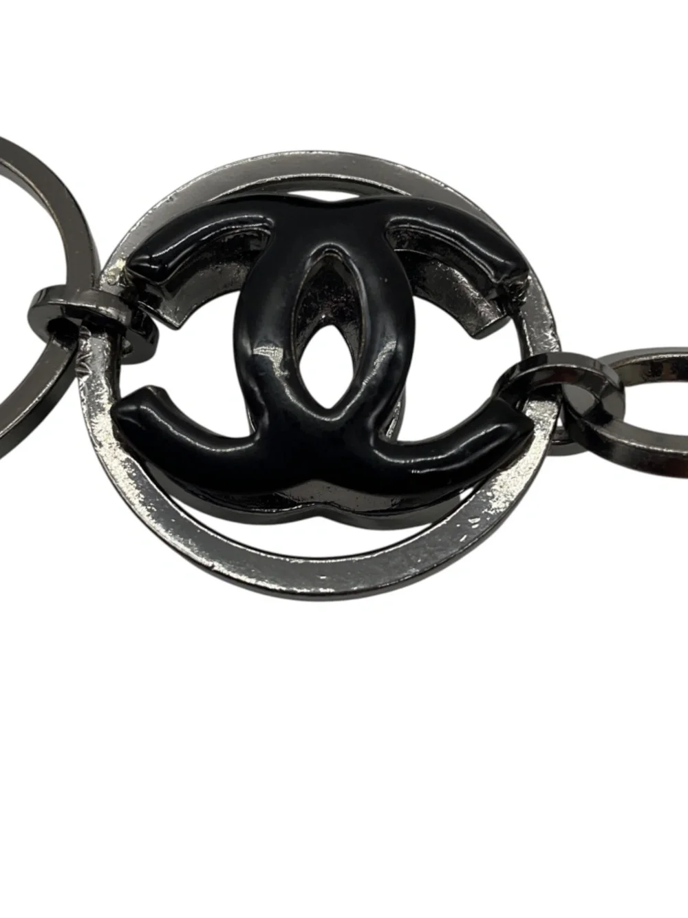 CHANEL GUNMETAL / CREAM / BLACK 2003 CC LOGO PENDANT, IMITATION PEARL, AND LARGE
